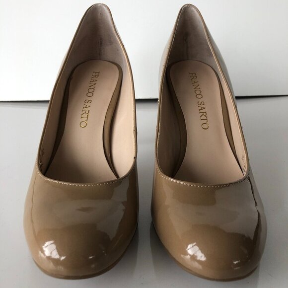 FRANCO SARTO manmade patent raisen tan nude taupe cushion 3.25" heel pumps US 7M - Picture 9 of 16